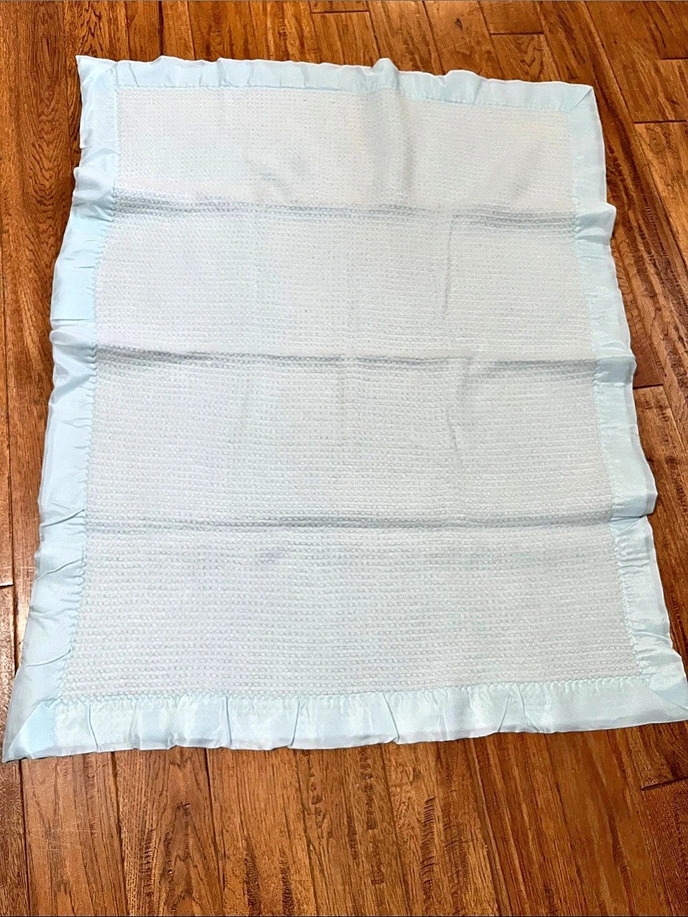 Vintage satin trim baby blanket blue